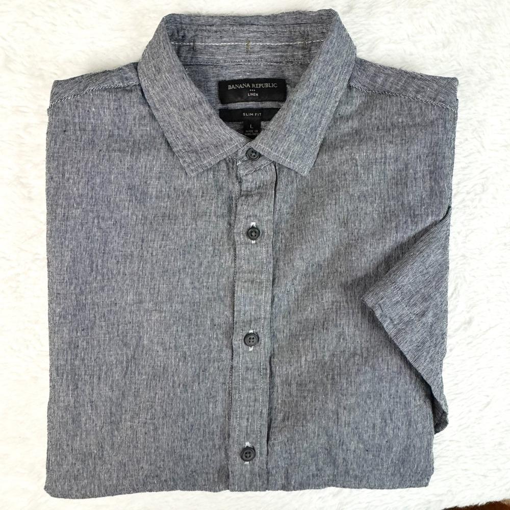 Banana Republic Linen Shirt Mens Large Navy Slim Fit Short Sleeve Button Up